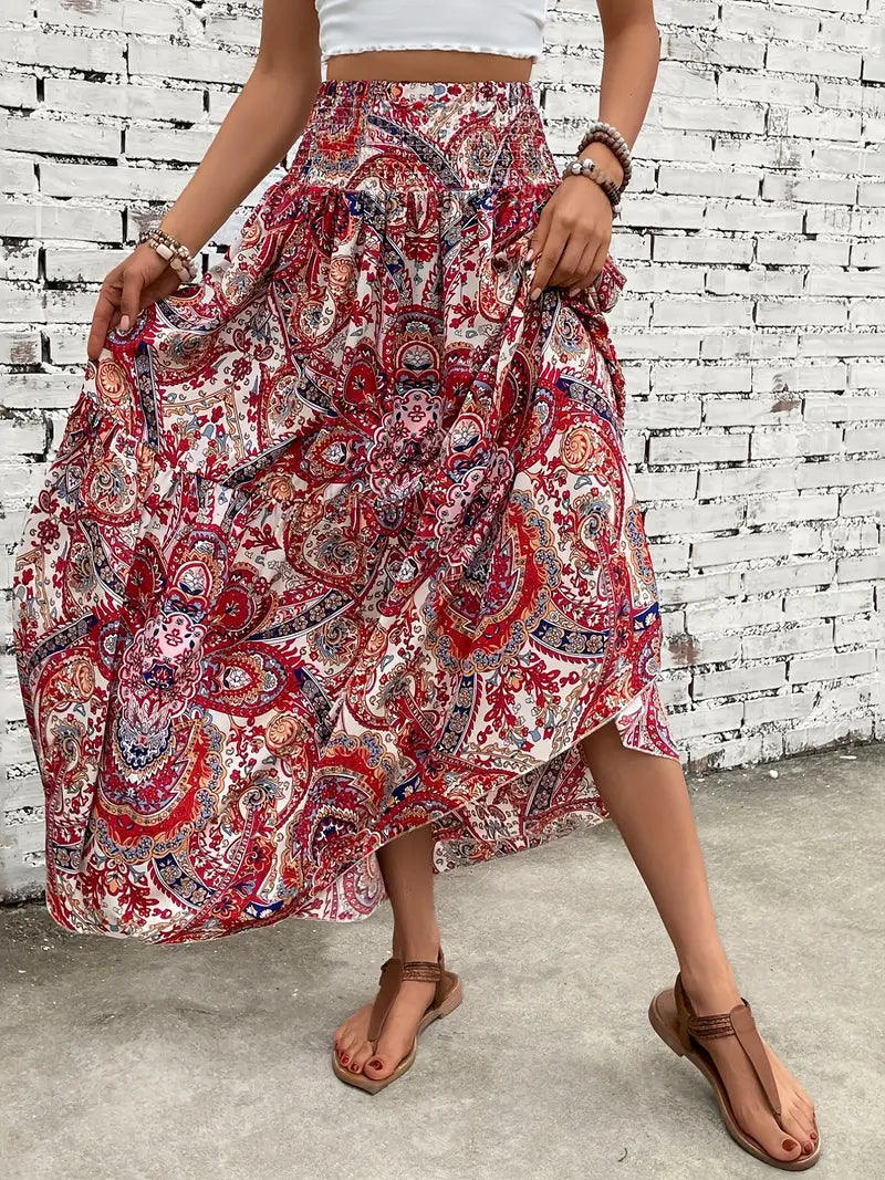 Bohemian Patterned A-Line Midi Skirt