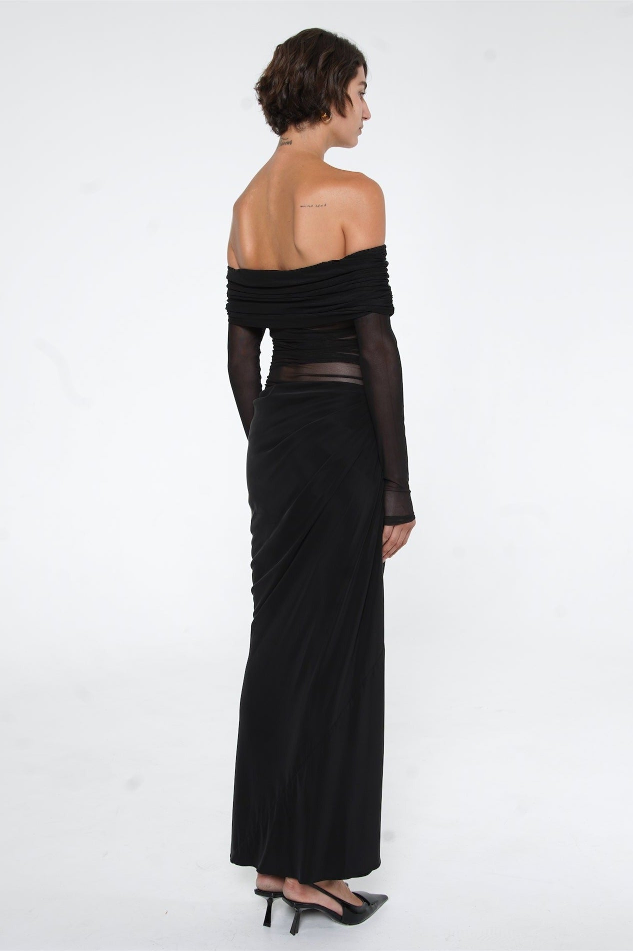 Sheer Sleeve Draped Skirt Occasion Gown