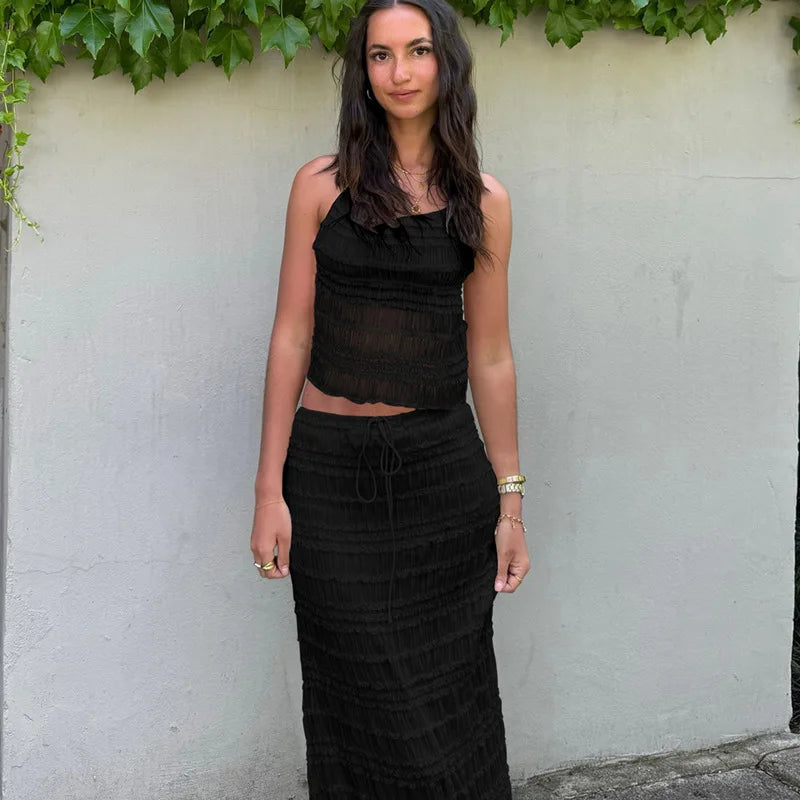 Women's Two-Piece Outfit – Gathered Halter Top & Midi Skirt with Drawstring Waist, Matching Set-83709-9c3963aa-24fb-46ce-80dd-38ea5f0c46b3