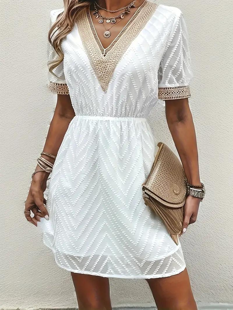 Women's White Embroidered V-Neck Dress – Short Sleeve, Elastic Waist, Lightweight-82469-9eaebf45-8bcb-458e-9928-20ff8cf29603