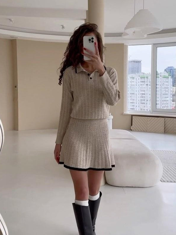 Knit Polo Dress - Flared Skirt, Collared Neckline