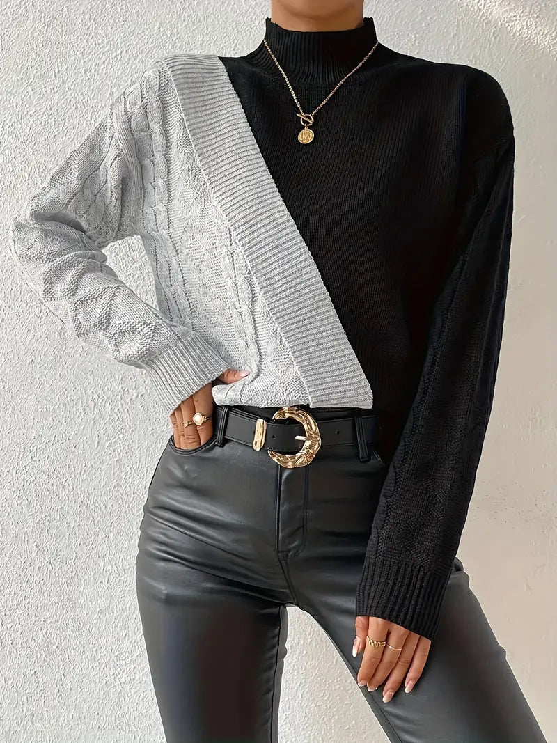 Women's Sweater – Color Block Turtleneck, Cable Knit Design-54586-1de2af94-c89d-4057-9082-9007e22d5d9f