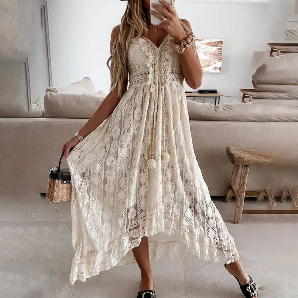 Lace Trim Midi Dress - Flowing Skirt