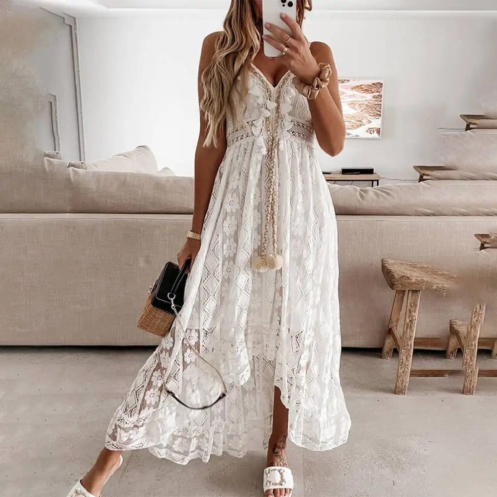 Lace Trim Midi Dress - Flowing Skirt