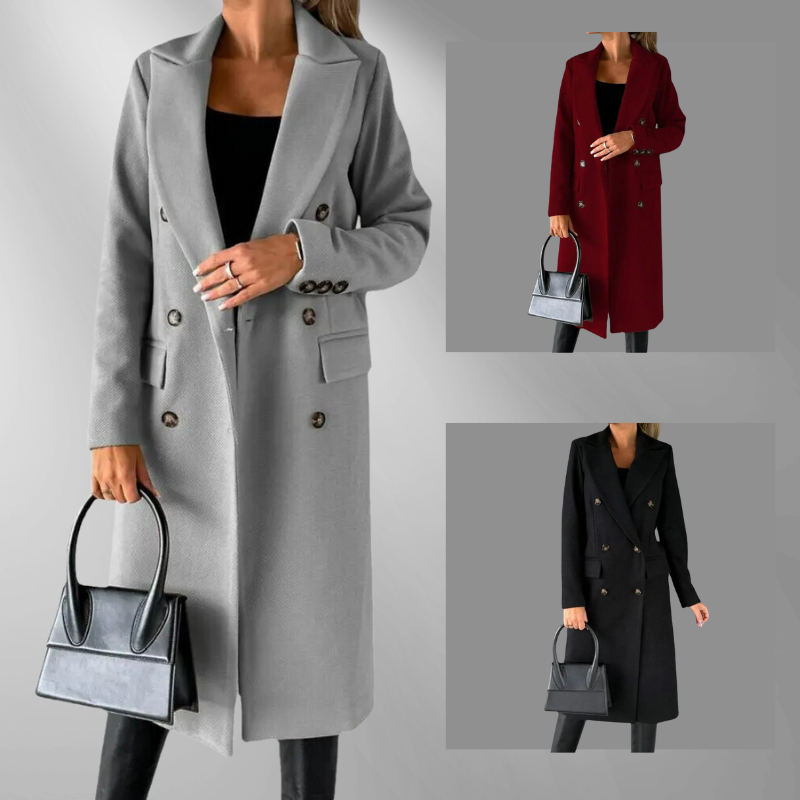 Women's Double-Breasted Tailored Coat – Wool Blend, Notched Lapel, Mid-Calf Length, Gray/Camel/Black-55035-59519544590679