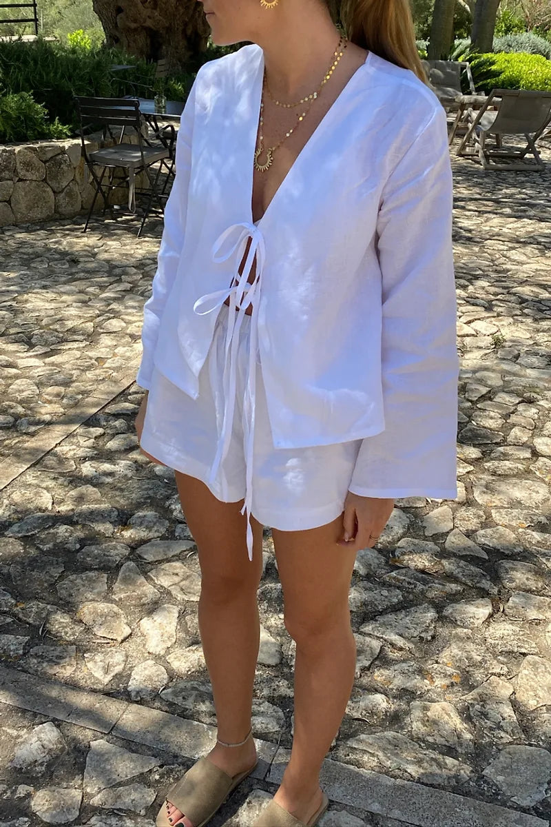 Women's Linen Two-Piece Set – Long Sleeve Tie Front Top & Elastic Waist Shorts, Relaxed Fit-83296-a10f04bf-769e-4a13-b329-81119069d0ce