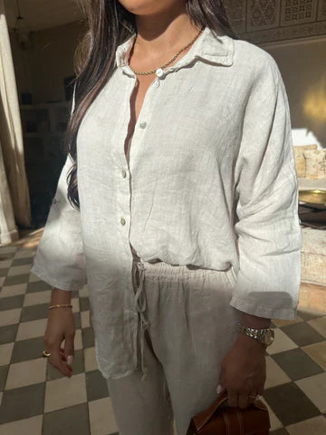 Women's Linen Two-Piece Outfit – Relaxed Button-Down Shirt & Pants Set, Basicfold-82126-a15c7c41-1828-43c7-ac0d-8868597baea5