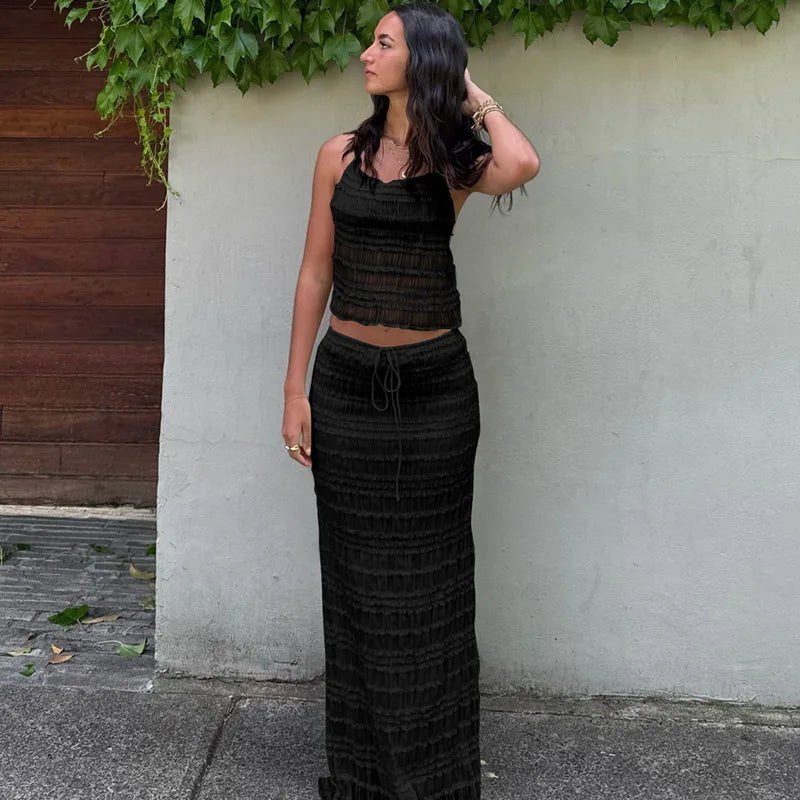 Women's Two-Piece Outfit – Gathered Halter Top & Midi Skirt with Drawstring Waist, Matching Set-83709-a323052d-3b6e-4a62-8c6e-5b1b55529f16