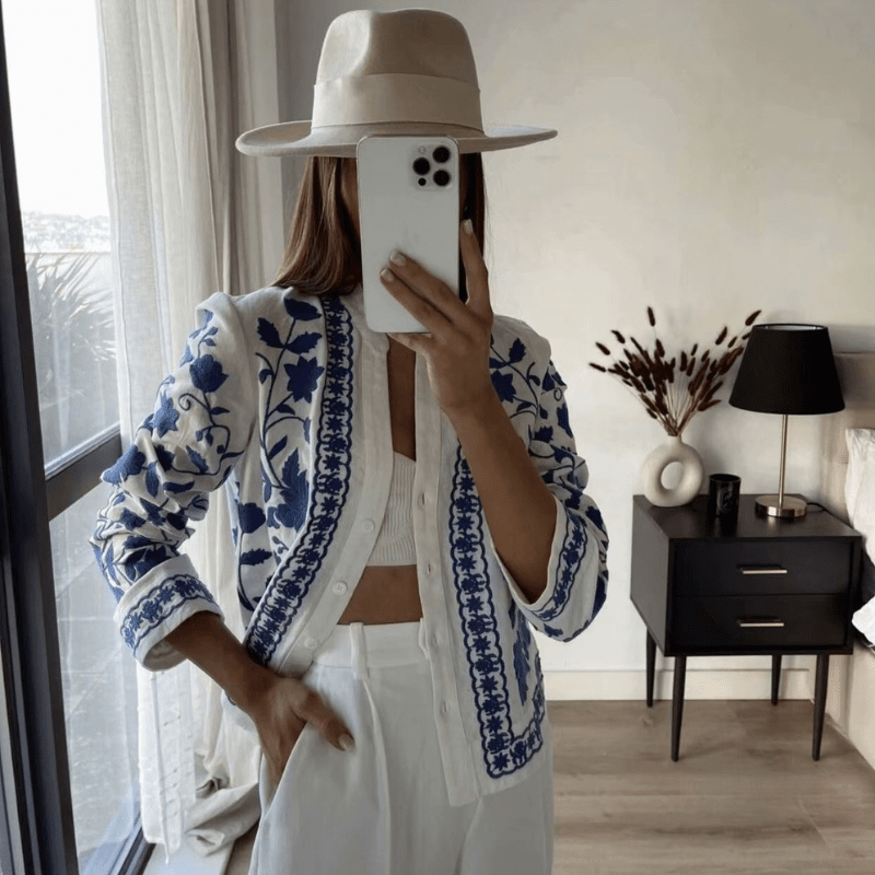 Bohemian Embroidered Cotton Button-Down Jacket