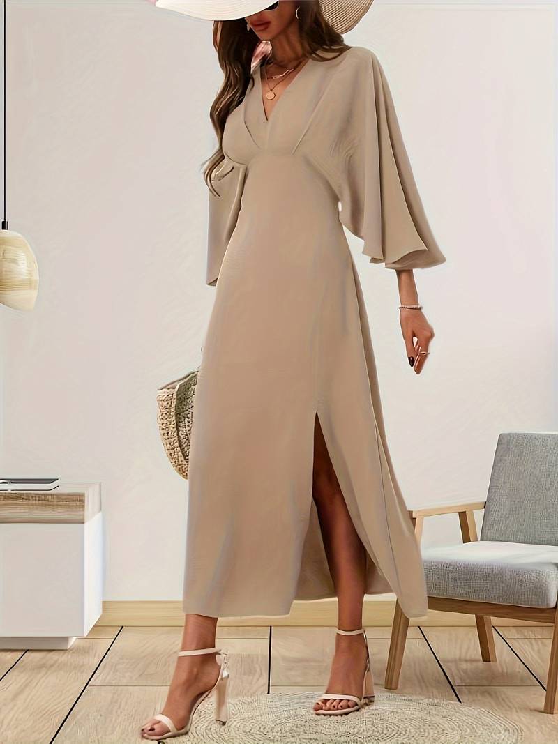 Bell Sleeve Dress - V-Neck Midi with Slit