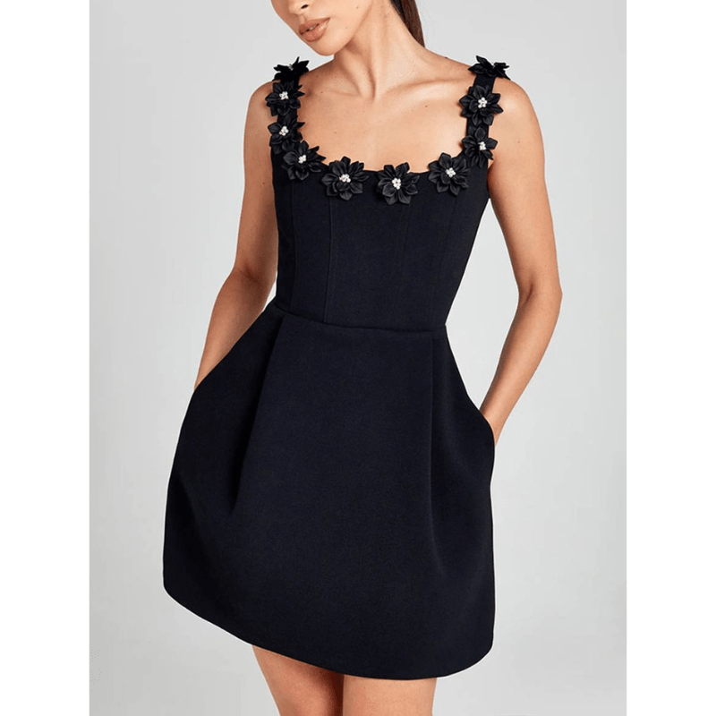 Floral Strap Mini Dress - Fitted Bodice Pockets