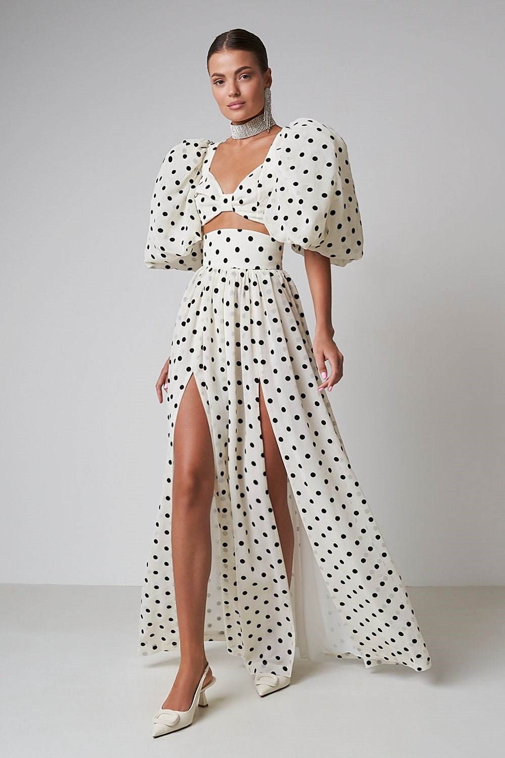 Polka Dot Two-Piece Dress with High Slit