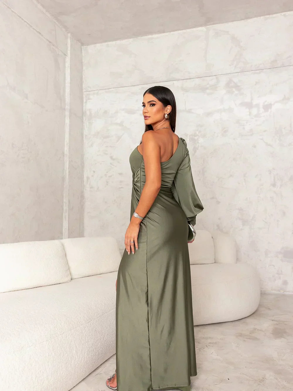 One-Shoulder Gown - Thigh Slit, Twisted Waist