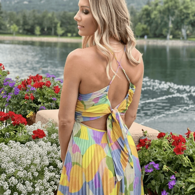 Pleated Midi Dress - Sweetheart Neckline - Multi