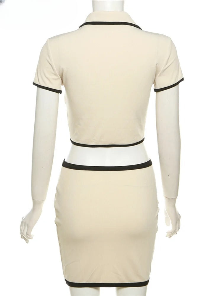 Knit Polo Top & Mini Skirt Set - Trim Detail
