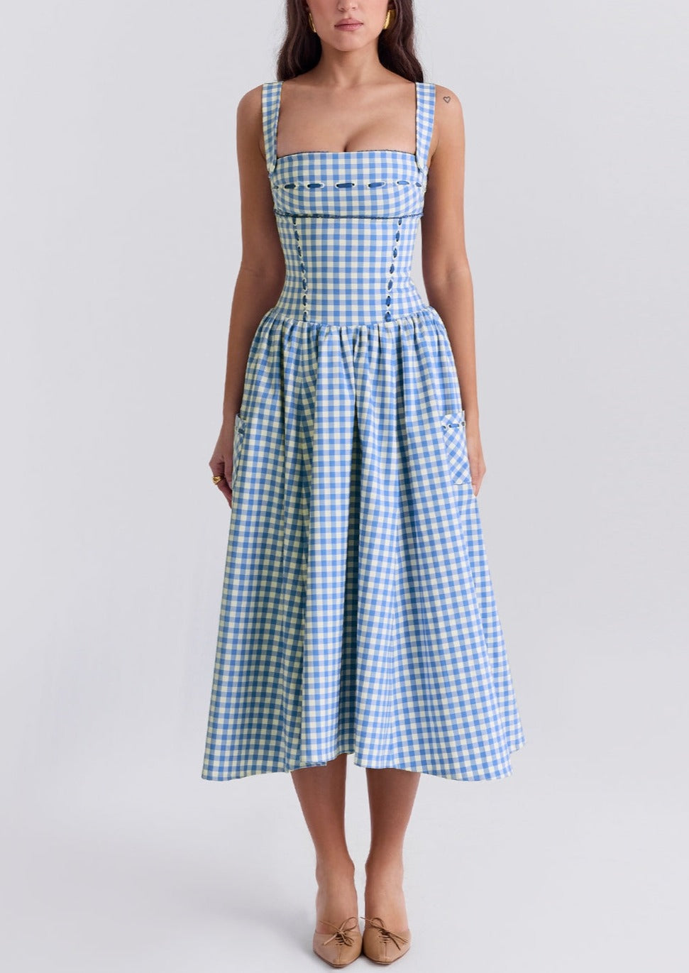 Women's Gingham Dress – Square Neck, Button Front, Classic Style-83592-ab2e9f93-3668-4e03-970a-c69268dabf41