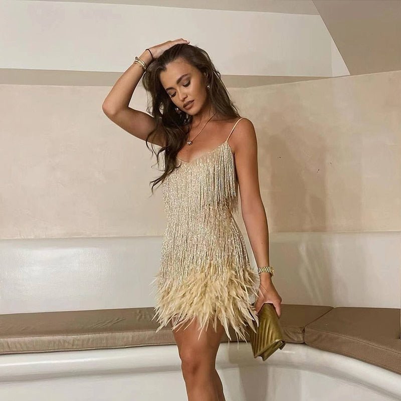 Women's Mini Dress – Feather Trim Fringe Spaghetti Strap-83329-ab802f88-9977-4ae8-b9a9-ed872014d152