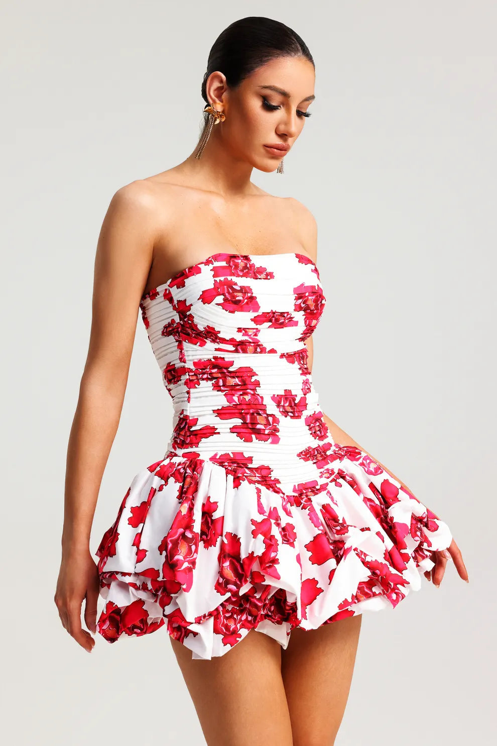 Women's Strapless Floral Print Dress – Ruffled Skirt, Structured Bodice, Occasion Wear-83685-aba7c88a-826a-4f19-8732-2cffe1ba236f