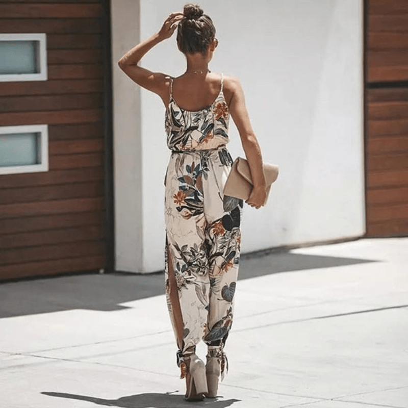 Floral Maxi Dress - Cream, Wide-Leg, Strappy