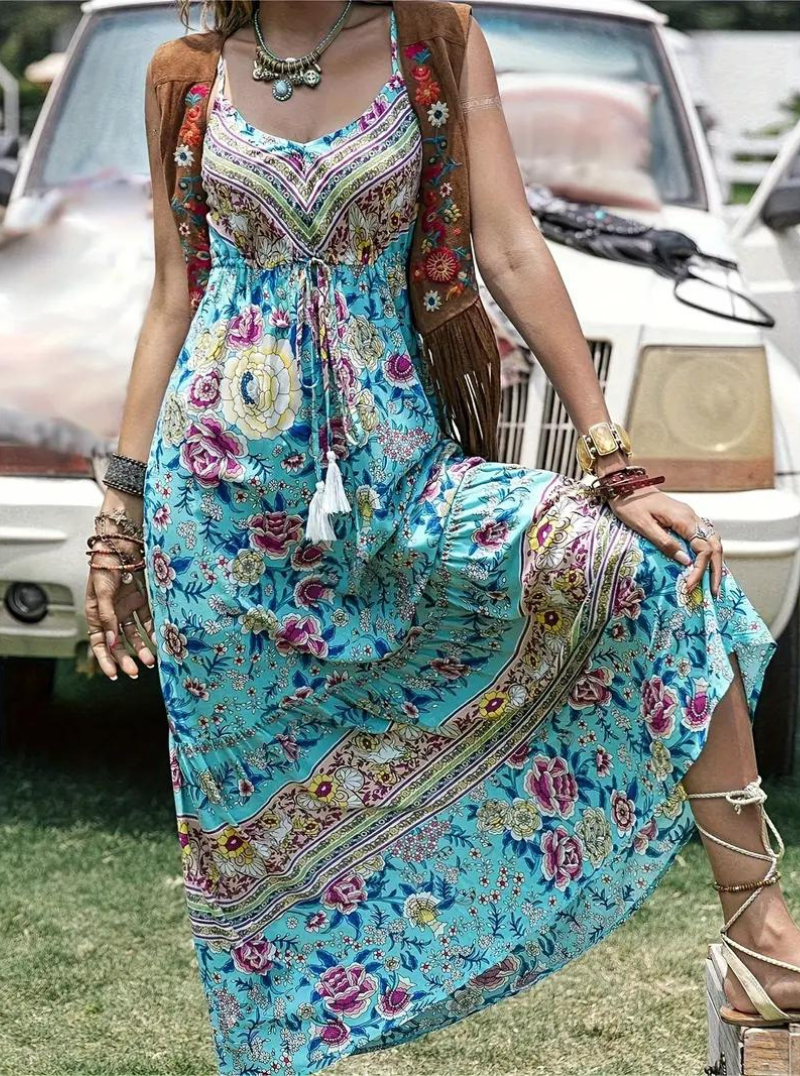 Bohemian Floral Maxi Dress - Tiered Skirt
