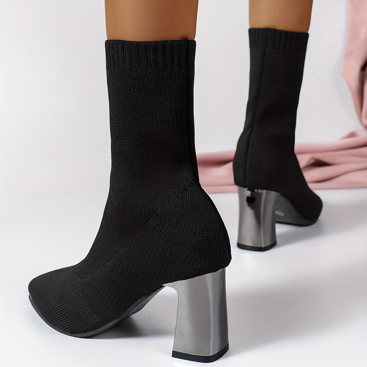Knit Ankle Boots with Geometric Heel