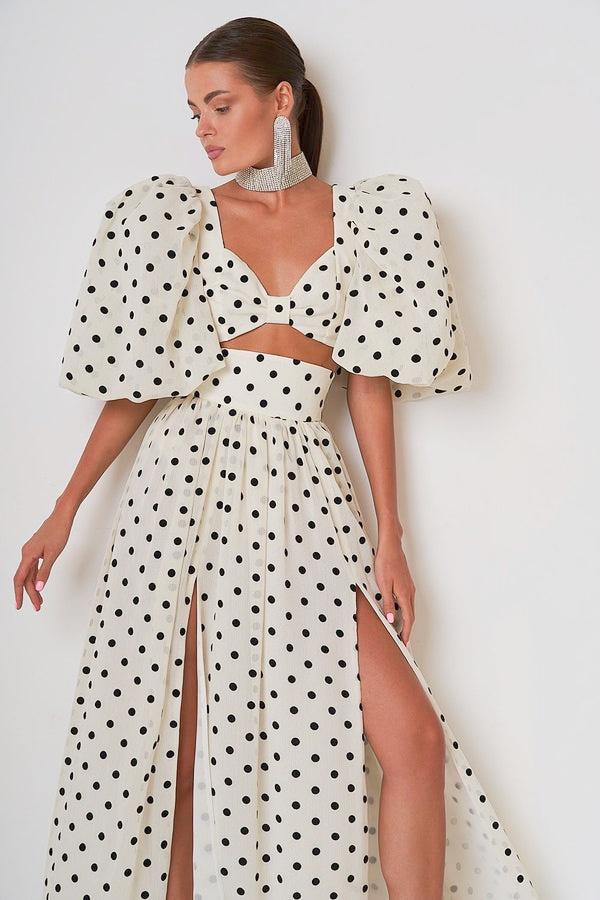 Polka Dot Two-Piece Dress with High Slit