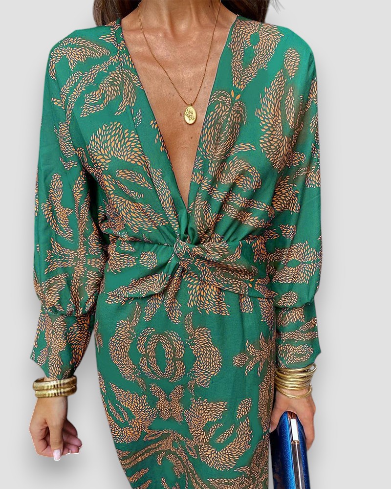 Women's Printed V-Neck Long Sleeve Dress with Knot Waist Detail-83293-b01ba749-82c4-4798-901e-ca2efd451512
