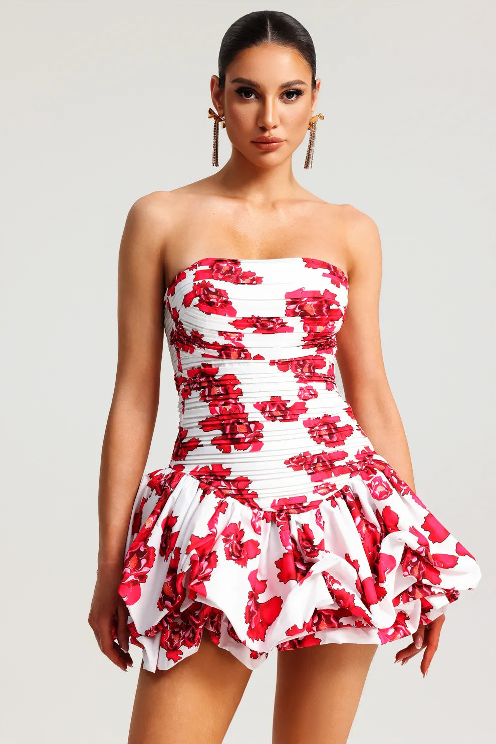 Women's Strapless Floral Print Dress – Ruffled Skirt, Structured Bodice, Occasion Wear-83685-b1aee80b-a632-486d-854e-b78ef0a62cf9