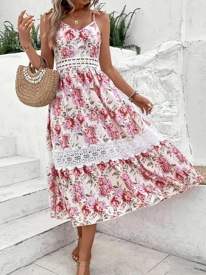 Floral Lace Midi Dress with V-Neck