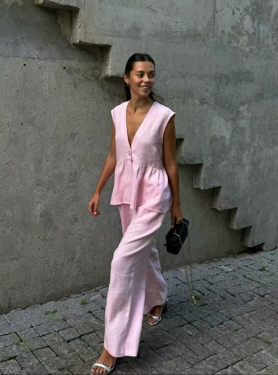 Basicfold Women's Linen Two-Piece Set – Sleeveless V-Neck Top & Wide-Leg Pants-83272-b1eeada0-3c57-45d9-a700-d5eb9a76aeed