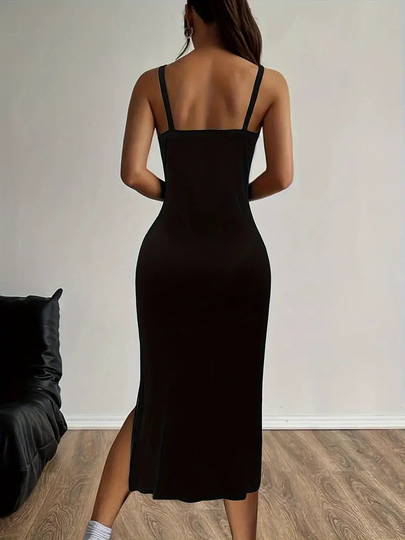 Black Midi Dress - Adjustable Straps, Side Slit