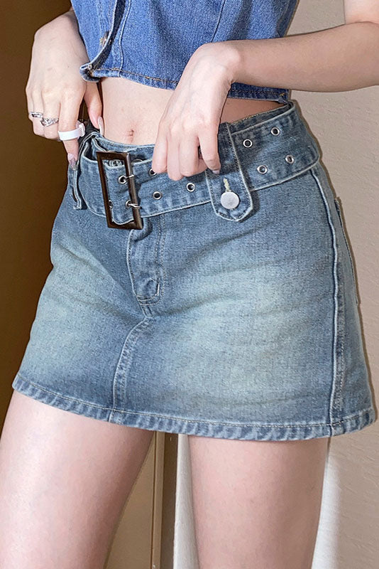Vintage Denim Mini Skirt with Buckle