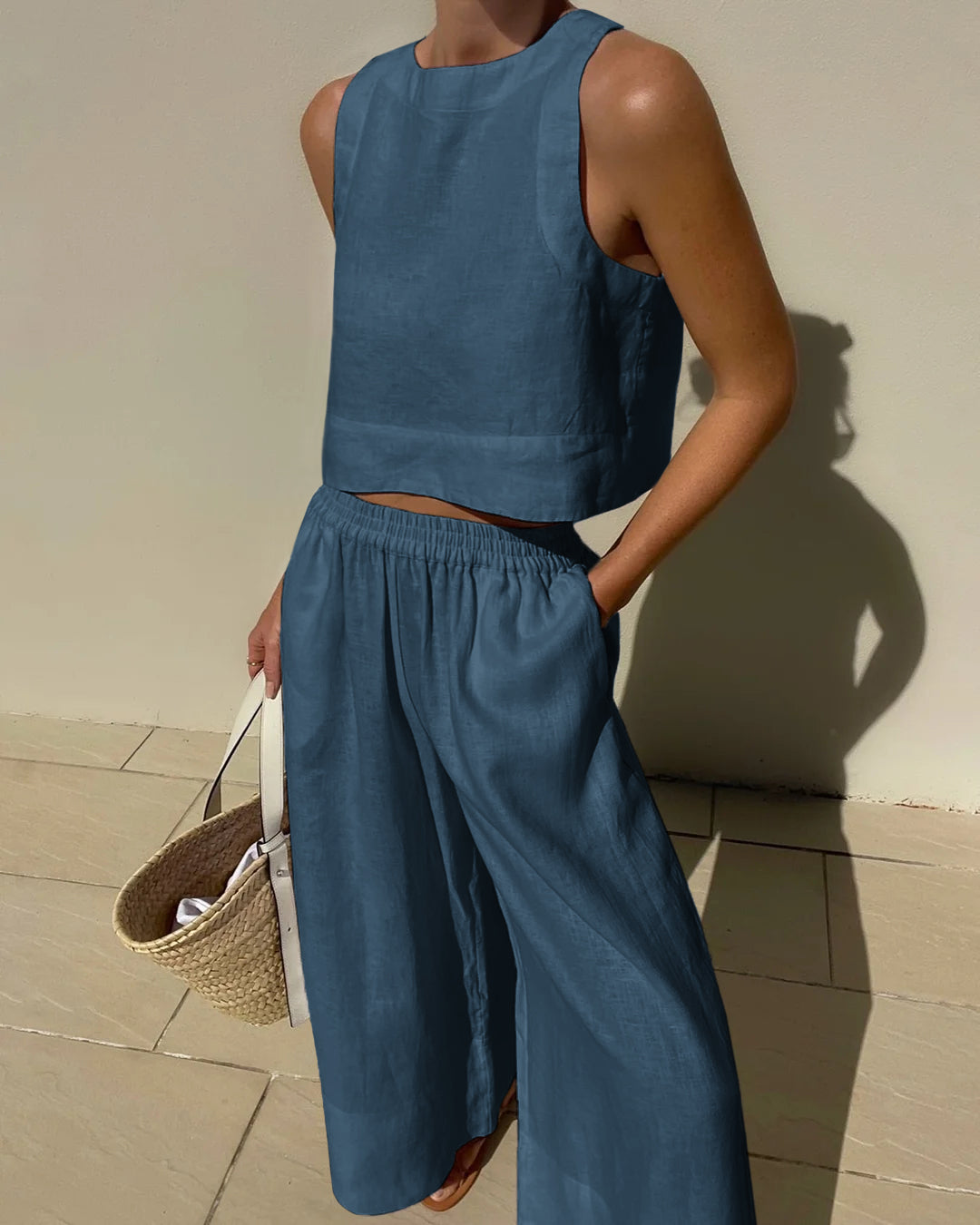 Sleeveless Crop Top with Wide-Leg Pants