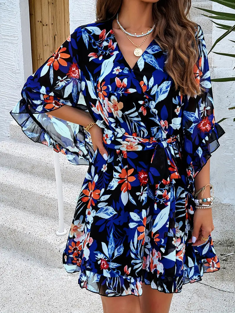 Floral Wrap Mini Dress - Ruffle Hem and Bell Sleeves