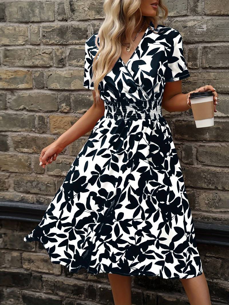 Floral Midi Dress - V-Neck & Elastic Waist