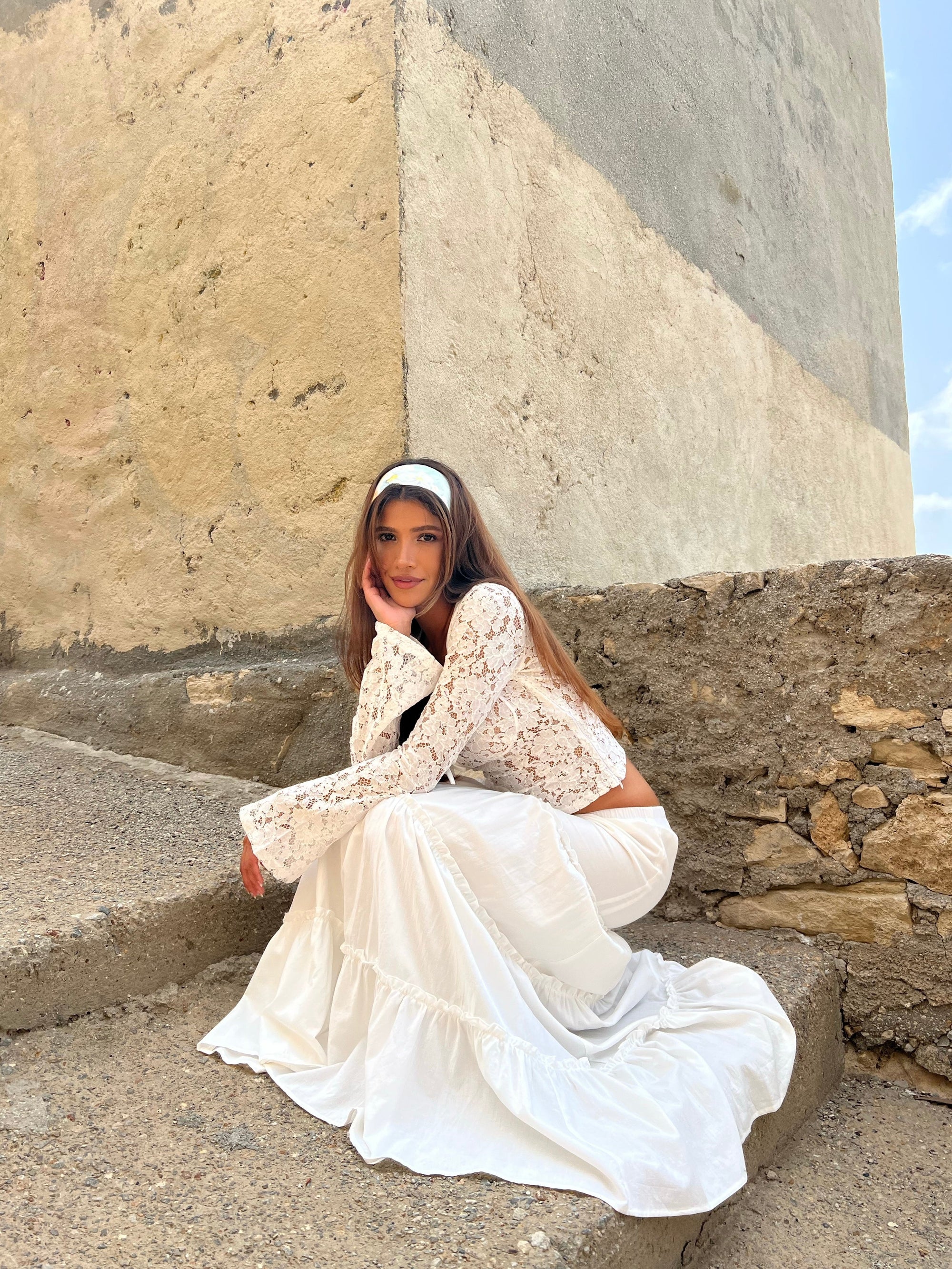 Lace Two-Piece Set - Flared Sleeves, Tiered Skirt