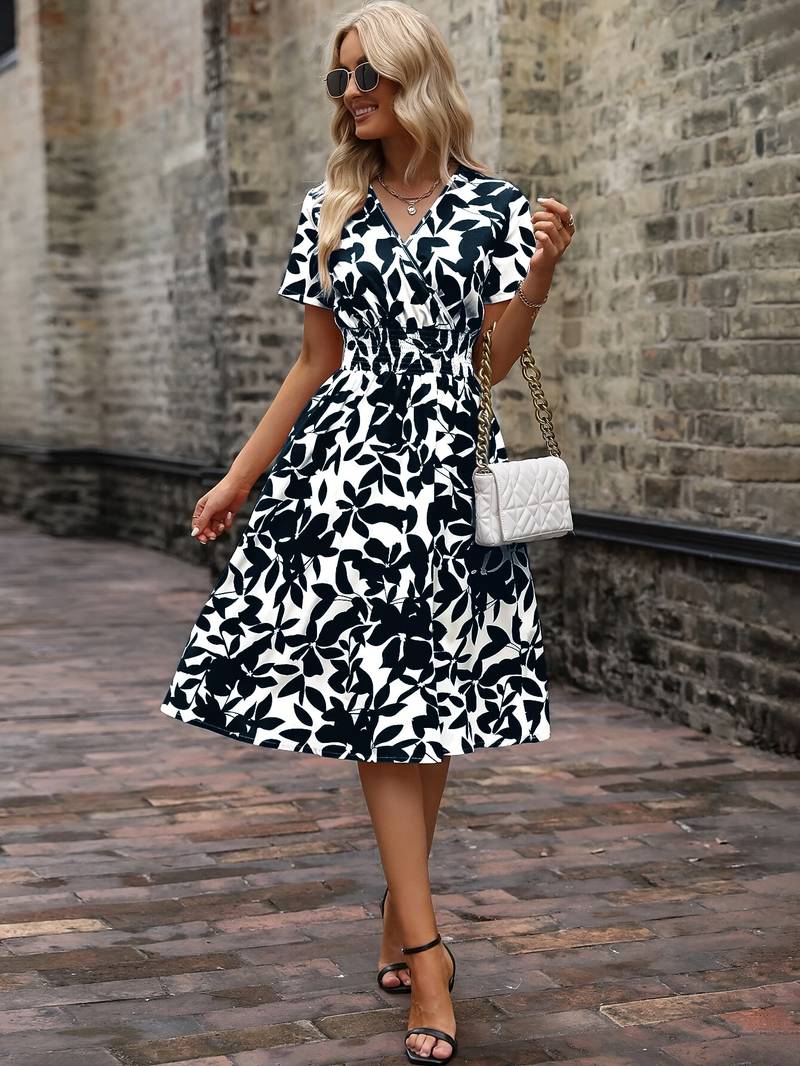 Floral Midi Dress - V-Neck & Elastic Waist