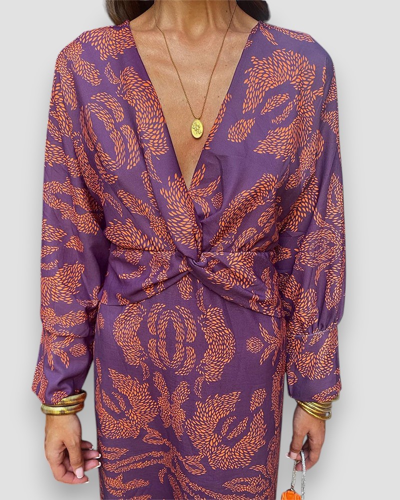 Women's Printed V-Neck Long Sleeve Dress with Knot Waist Detail-83293-b9864ab2-3095-4c32-9fb1-bef3660ebc0d