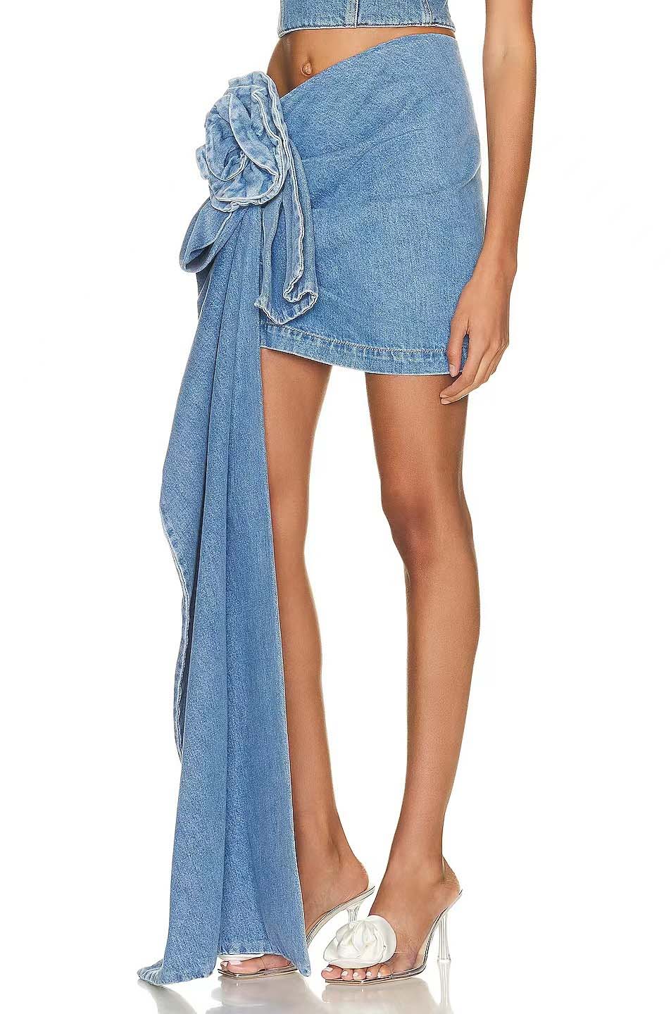 Denim Flower Mini Skirt - Asymmetrical Design