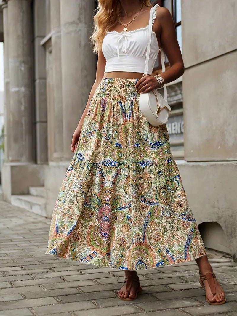 Bohemian Patterned A-Line Midi Skirt
