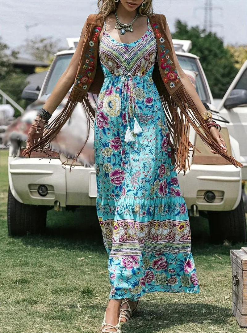 Bohemian Floral Maxi Dress - Tiered Skirt