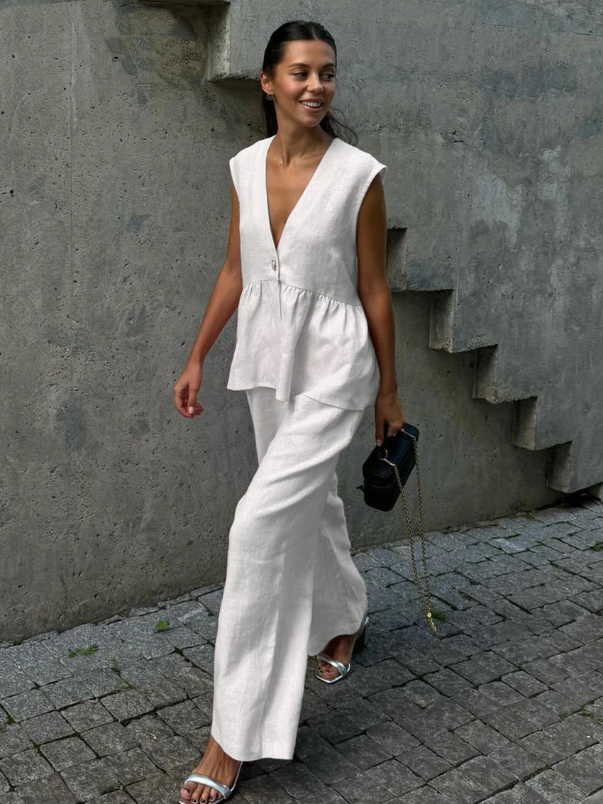 Basicfold Women's Linen Two-Piece Set – Sleeveless V-Neck Top & Wide-Leg Pants-83272-bb226c62-e64a-410b-b229-9a98c1cb577a