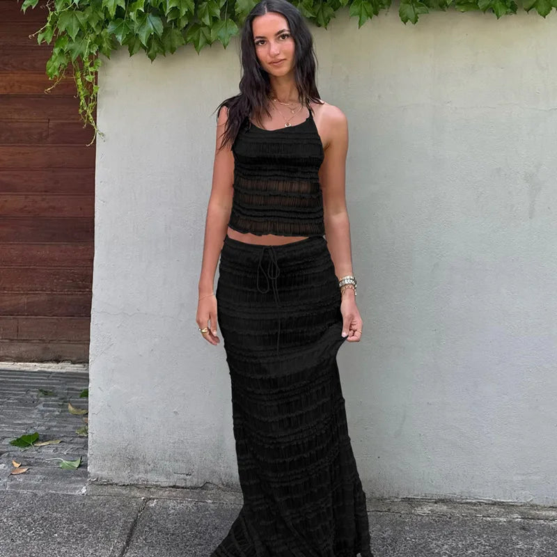 Women's Two-Piece Outfit – Gathered Halter Top & Midi Skirt with Drawstring Waist, Matching Set-83709-bbc5e846-efdd-4287-be43-52a4d96062fa