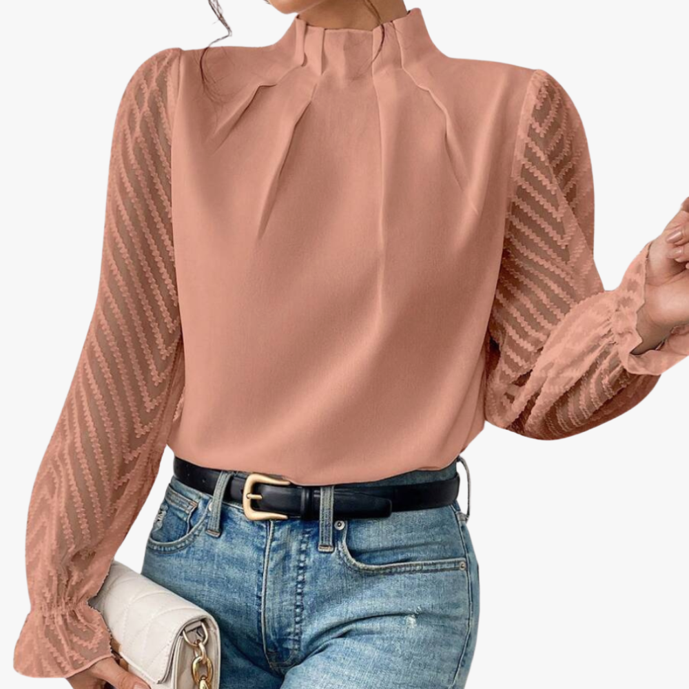 High Neck Blouse - Sheer Chevron Sleeves