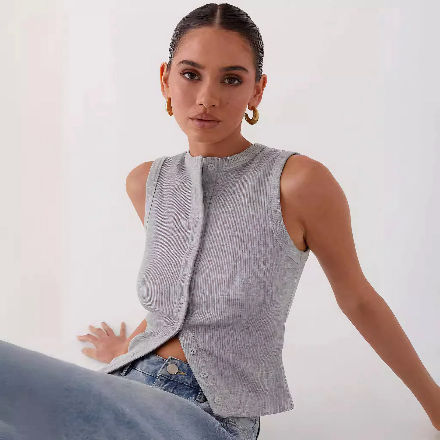 Women's Sleeveless Ribbed Knit Button-Down Dress – Versatile Modern Style-83523-bc3d0352-abbe-4225-b7a2-1d4a9f4cd8c0