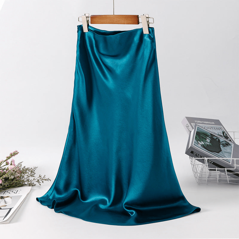 Satin Midi Skirt - High Waist, Flared Hem