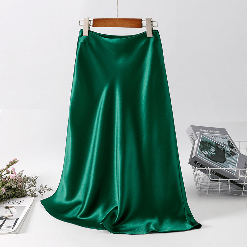Satin Midi Skirt - High Waist, Flared Hem