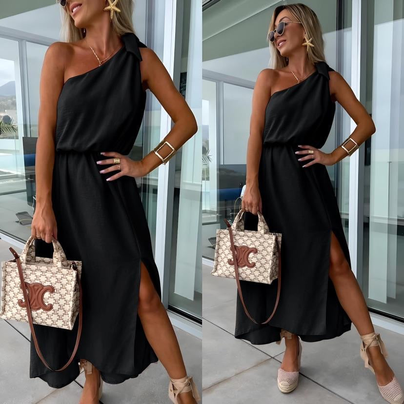 Women's One-Shoulder Maxi Dress – Asymmetrical Neckline, Side Slit, Waist Tie-83342-c0501100-a3ef-417e-b0a4-5ac849d7ec7a