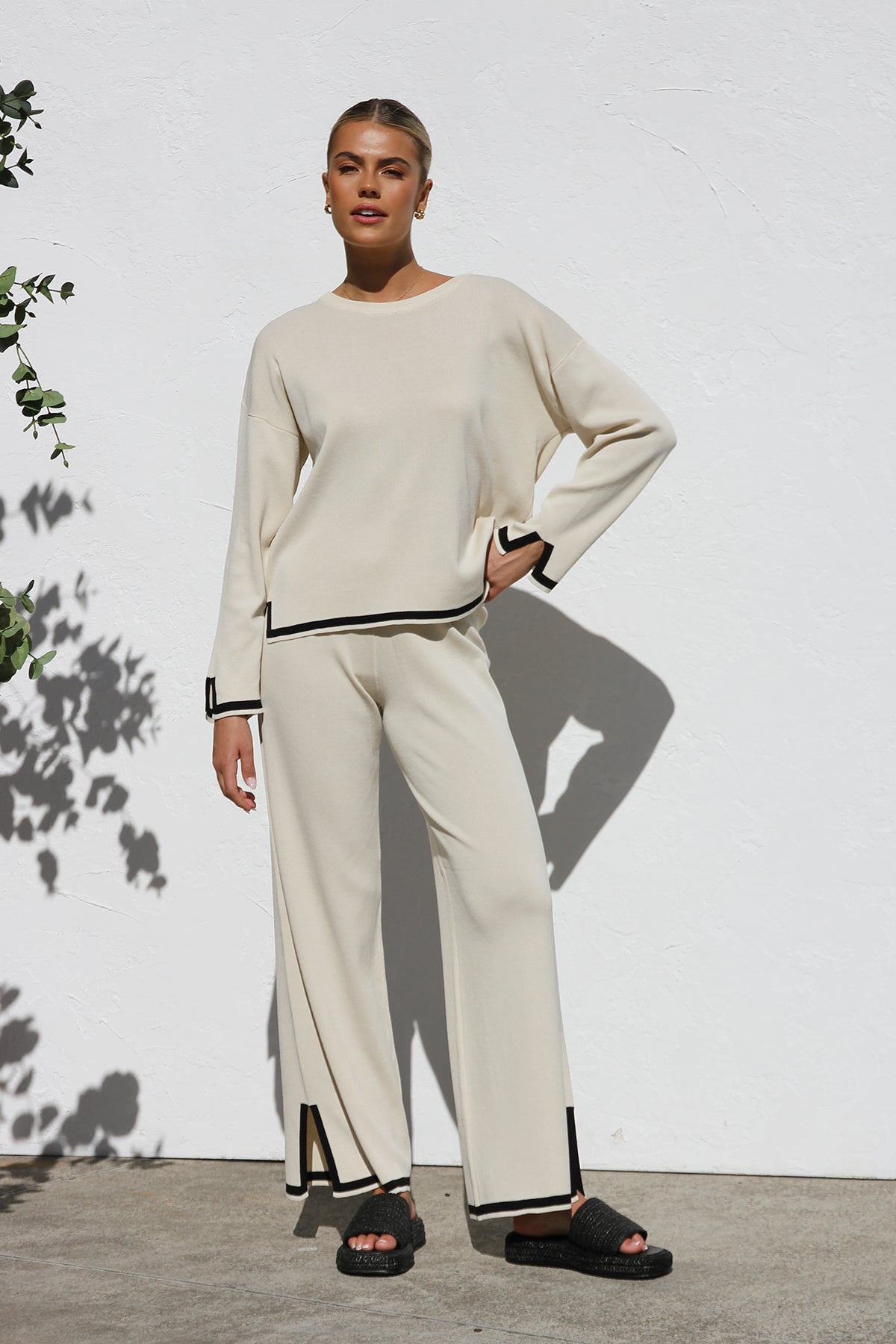 Relaxed Knit Set - Wide Leg Pants, Cream
