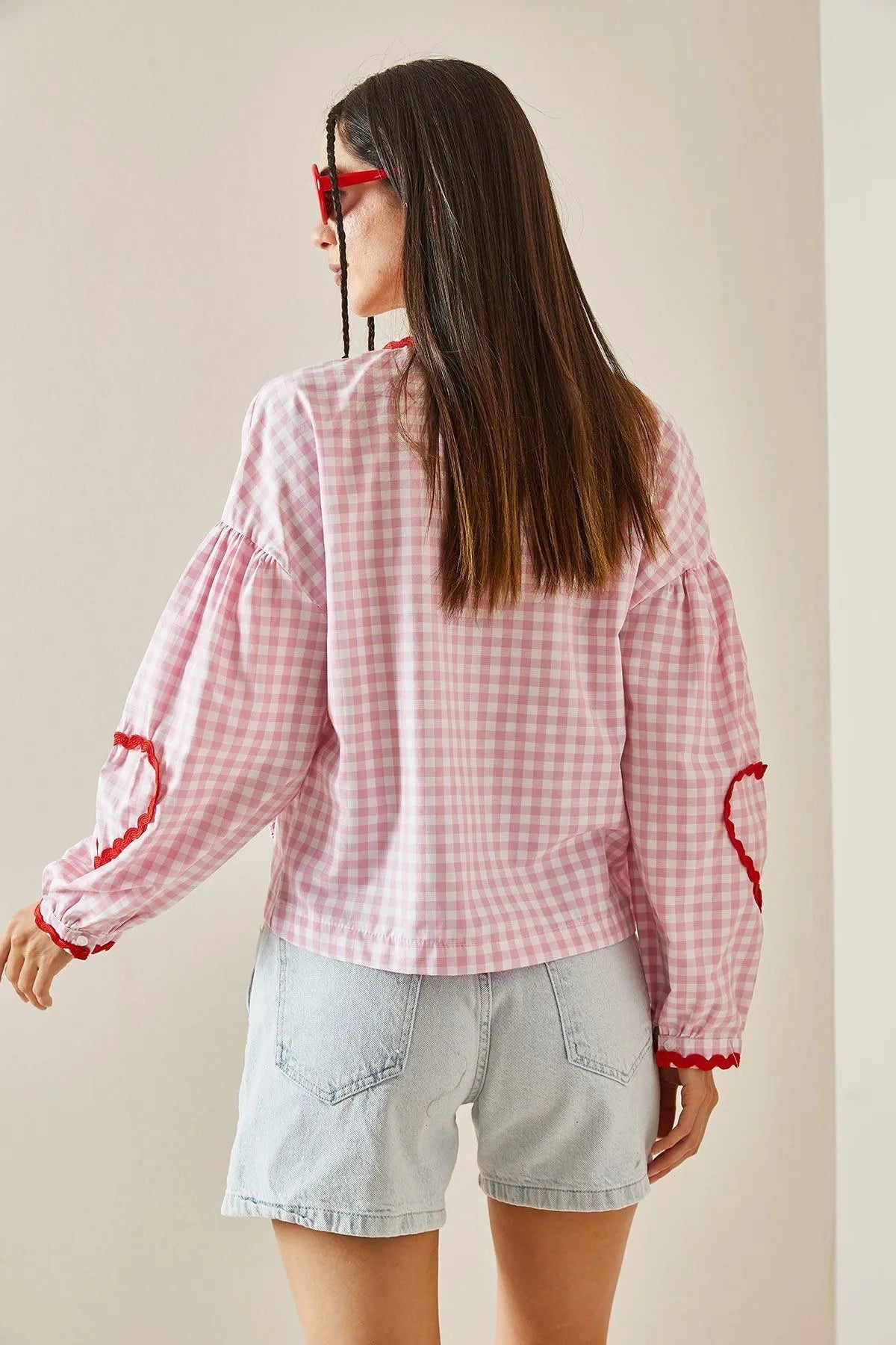 Women's Gingham Blouse – Heart-Shaped Pockets, Red Trim, Tie-Front, Long Sleeve-83307-c141191d-e511-4ed7-8407-39d19ba738ce